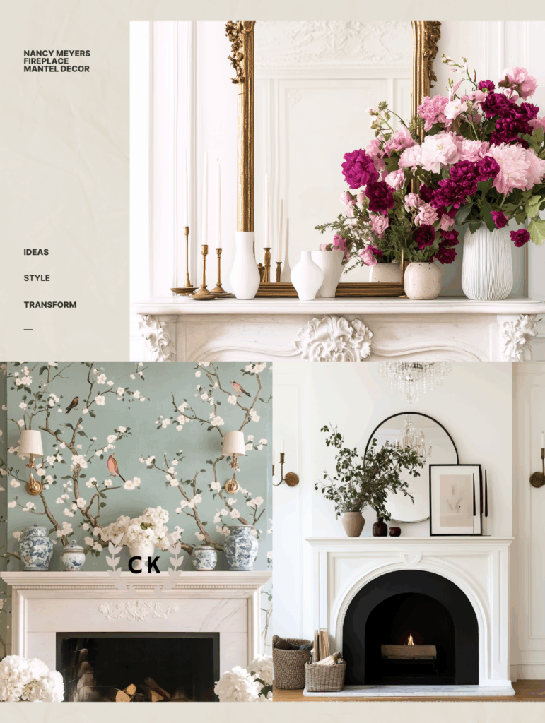 Nancy Meyers fireplace mantel decor