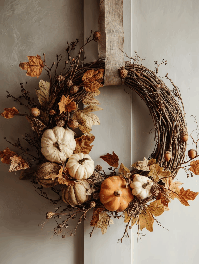 Fall wreath made of grapevine, dried foliage, pumpkins, and twigs in warm autumn hues hanging on a neutral wall with rustic ribbon.