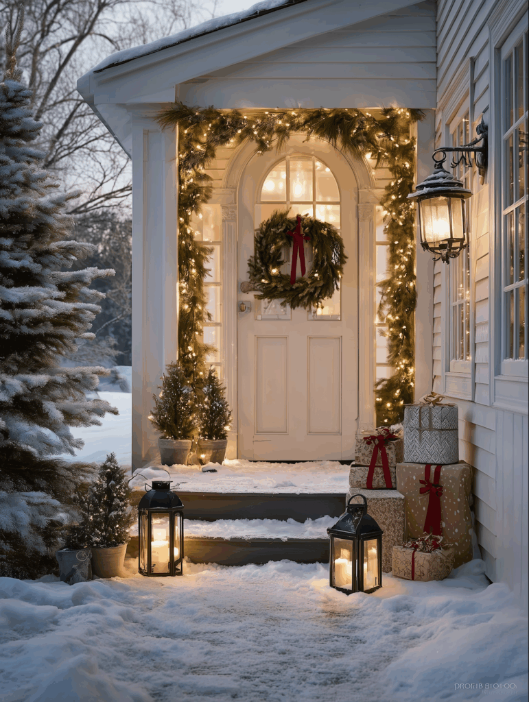 Christmas wreath on a white front door framed by glowing garlands, with snow-covered steps, lanterns, and festive holiday decor.