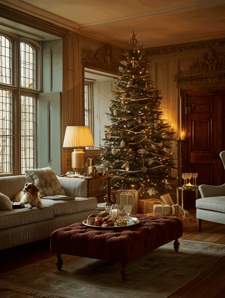 Ralph Lauren Christmas tree in a refined living room, decorated with white lights, soft ribbons, and minimal ornaments for a rustic and elegant holiday look.