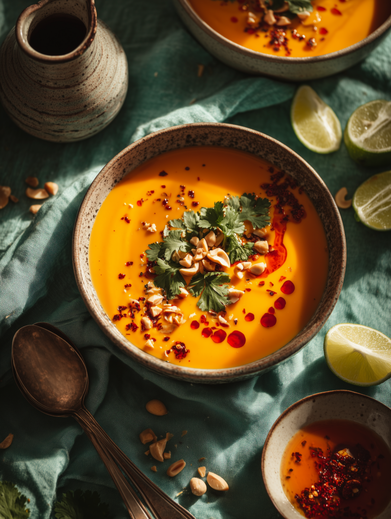 Carrot white bean miso soup garnished with chili oil, parsley, and roasted nuts in a rustic ceramic bowl on a teal napkin.