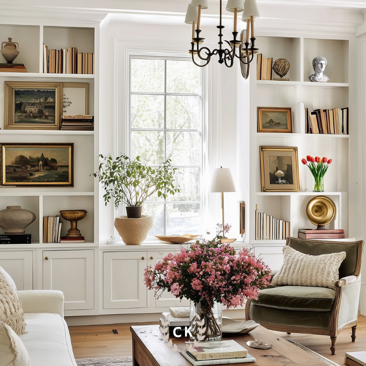 Bright living room featuring symmetrical white built-in bookshelves styled with books, art, and decor in a Nancy Meyers-inspired traditional design. A black iron chandelier, cozy neutral seating, and a wood coffee table with pink flowers complete the elegant look.