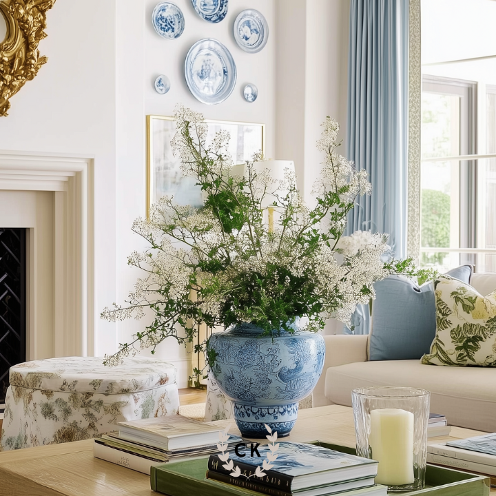 Spring living room decor featuring soft blue-and-white accents, floral armchairs, a wood coffee table with a flowering branch arrangement, and natural light in a refined, traditional setting.