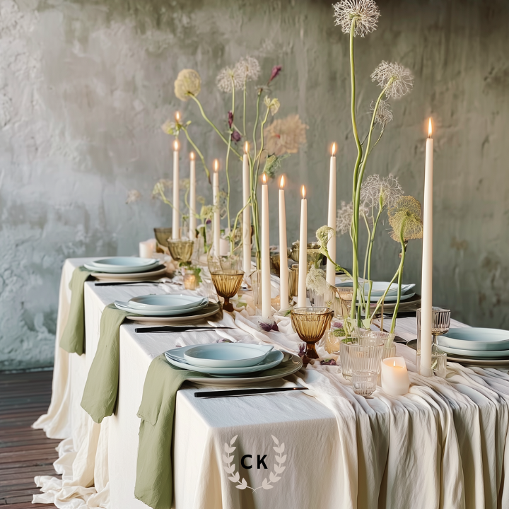 Spring table decor with ivory linen tablecloth, moss-green runners, sculptural allium floral arrangements, white taper candles, and amber stemware set against a raw concrete wall.