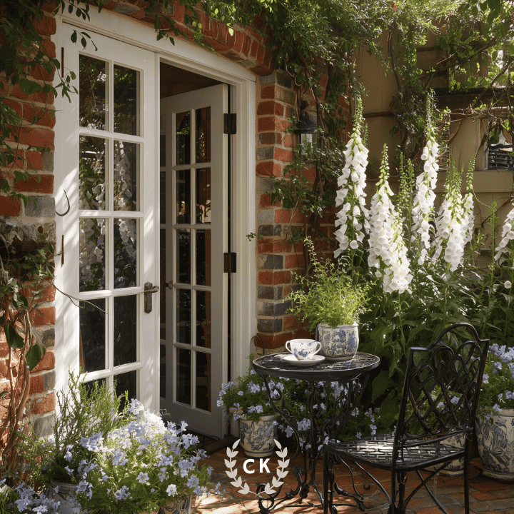 French garden design with brick patio, wrought iron bistro table, foxgloves, potted flowers, and climbing greenery.