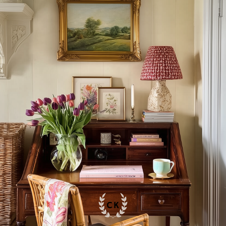 Secretary desk styling with antique wooden desk, tulips in a glass vase, books, cottage lamp, and bamboo chair in a cozy nook.