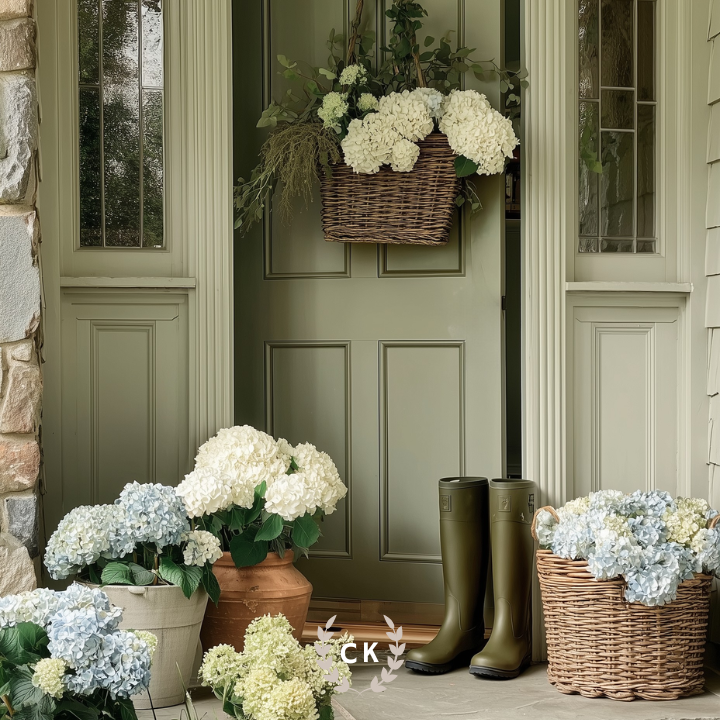Spring front porch decor with hydrangea baskets, terracotta pots, boxwood plants, and olive green garden boots beside a sage door.