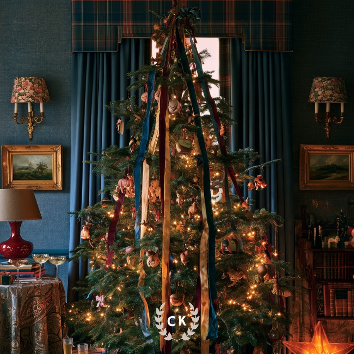 Ralph Lauren Christmas Tree inspiration with colourful ribbons and glowing lights beneath a tartan valance between gold wall sconces.