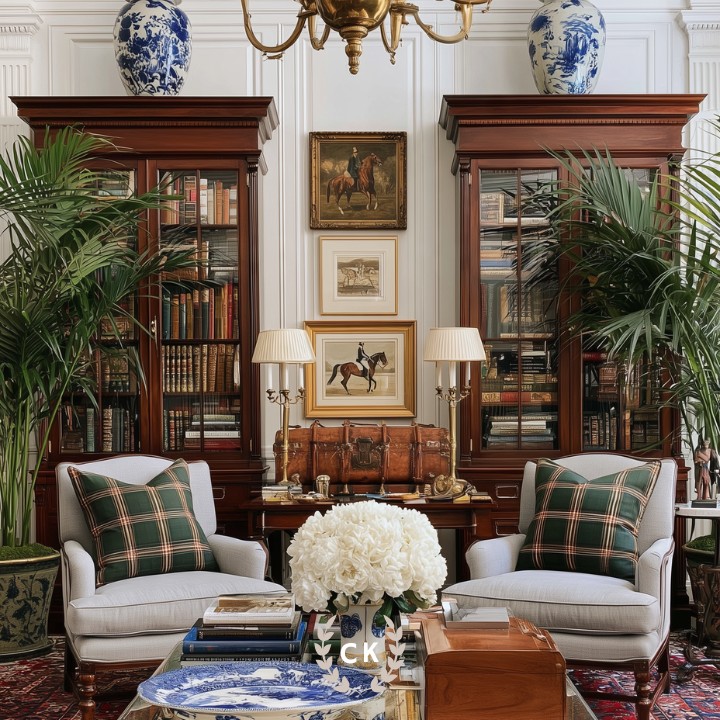 Ralph Lauren Living Room inspiration featuring matching armchairs, tartan cushions, white hydrangeas and equestrian artwork.